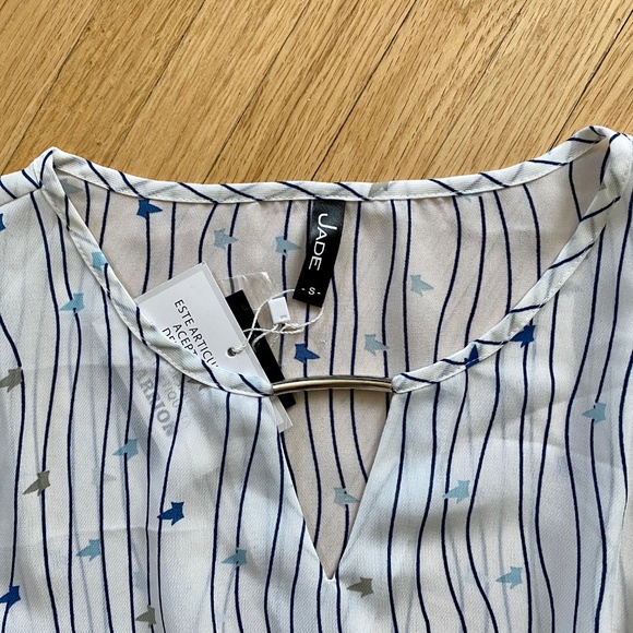 MWT Jade Ladder Front White Navy Stripe Print Convertible Sleeves Blouse Size S - Picture 3 of 9